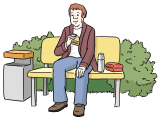 Ein Mann isst ein Butterbrot auf einer Bank im Freien