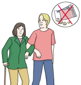 Ältere Frau am Stock ist eingehackt bei Mann